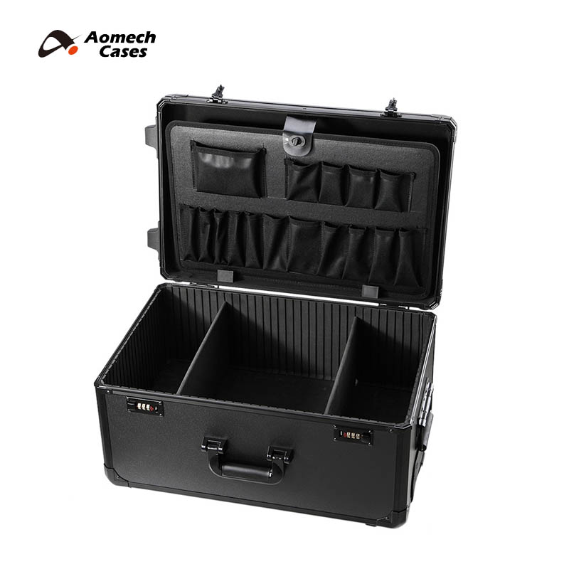 High Quality Black Pull Rod Hard Tool Trolley Carry Aluminum Case With Wheels DIY Foam Divider Fire-proof plate Organizer for Heavy Duty BB013 