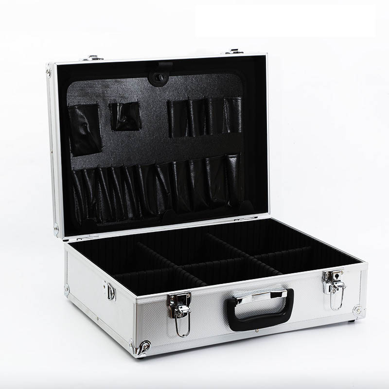 Silver Carrying Aluminum Hard Case Tool Box Metal Cash Storage Box with Multiple Rivet Reinforcement and Foam Dividers BA006