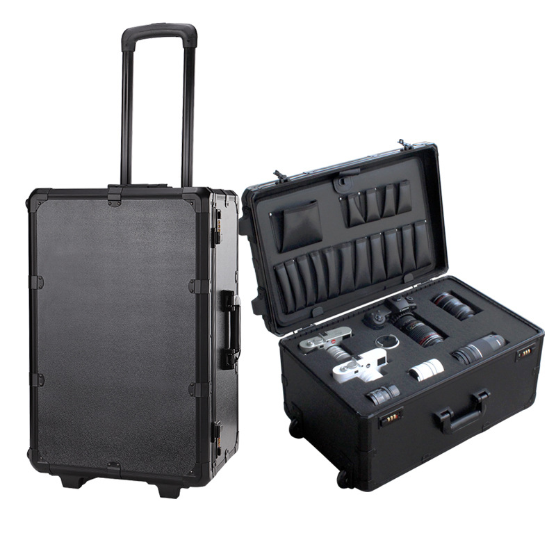 Aluminum Hard Lens Case Foam Black Rolling Storage Tool Box Instrument Carrying Case Tool Case Tool Organizer BB113