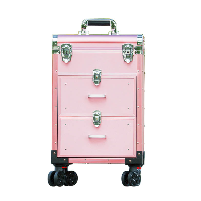 Travel Rolling Trolley Beauty Cosmetic Holder Makeup Case PVC Nail Polish Organizer with Drawers Locks Universal Wheels